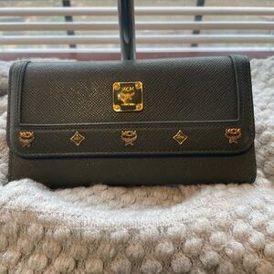 MCM Green  Wallet with Gold Details